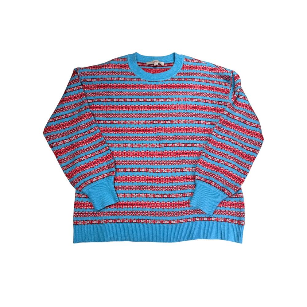 LOFT Fair Isle Sweater Womens M Blue Red Nordic Crewneck Cotton Blend
